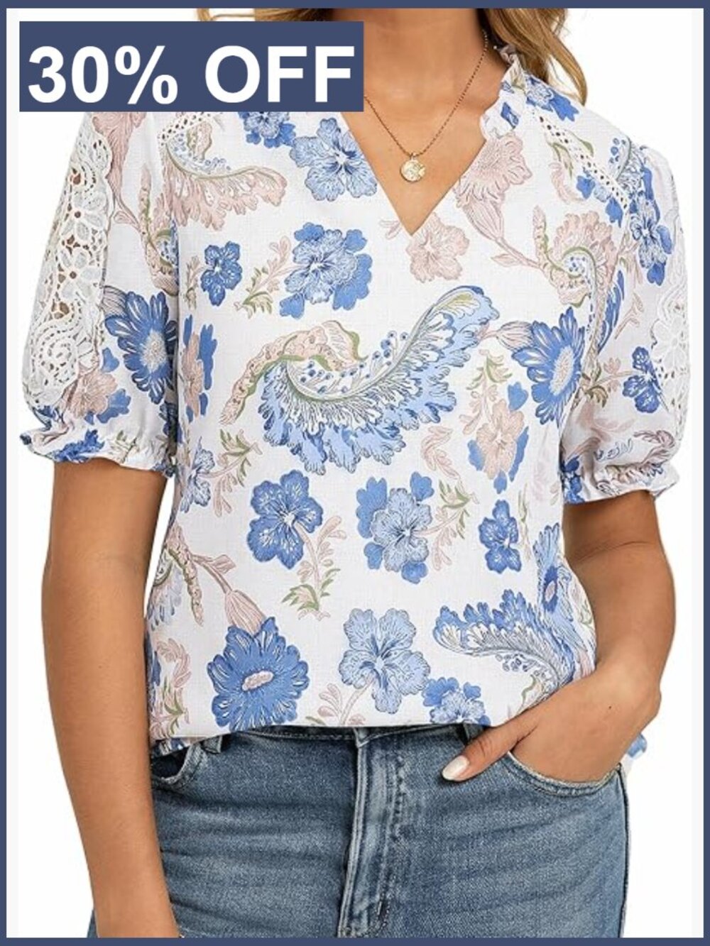 Boho Floral V-Neck Blouse with Ruffled Lace Short Sleeves